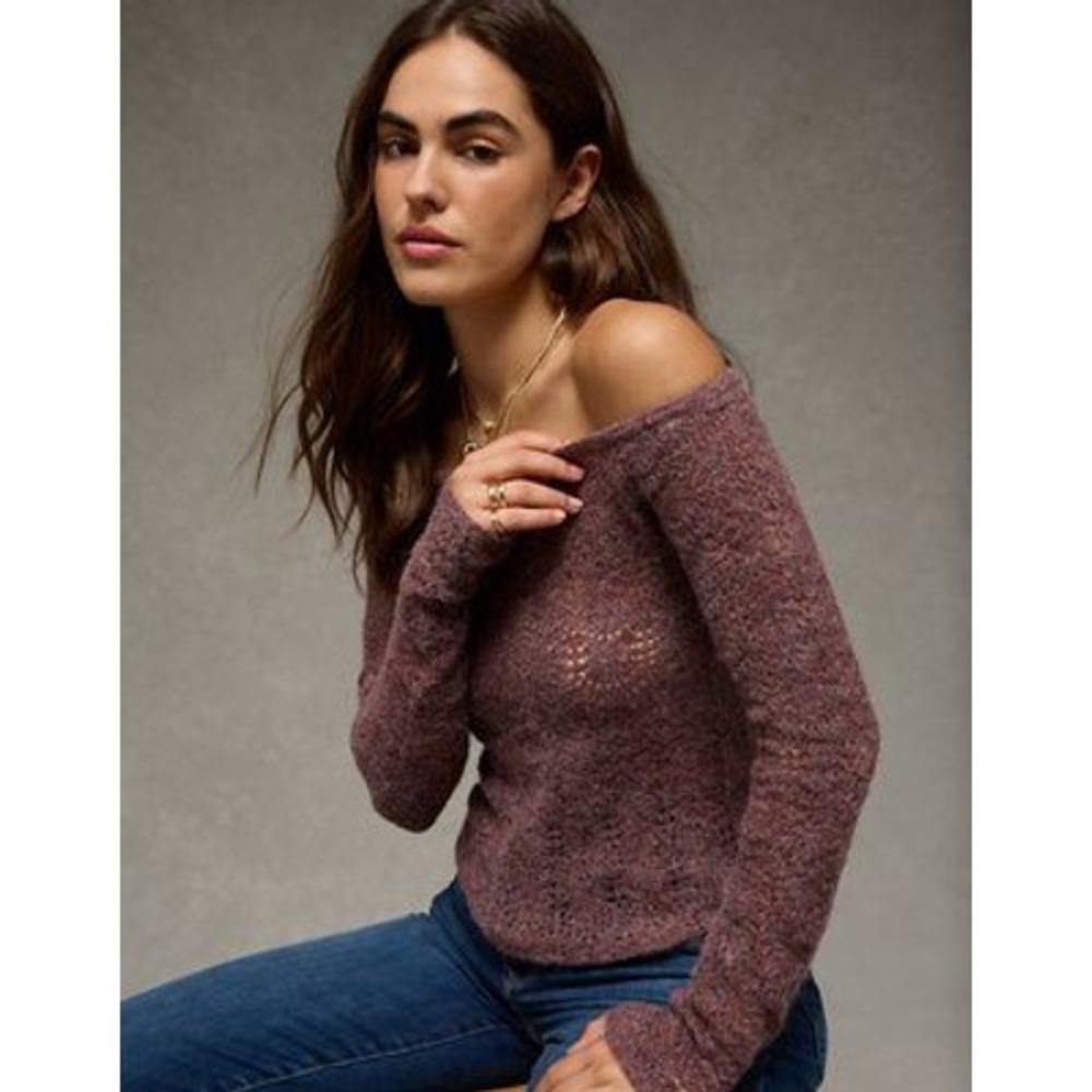 American Eagle Off the Shoulder Sweater Women Small Purple/Brown Marled Knit